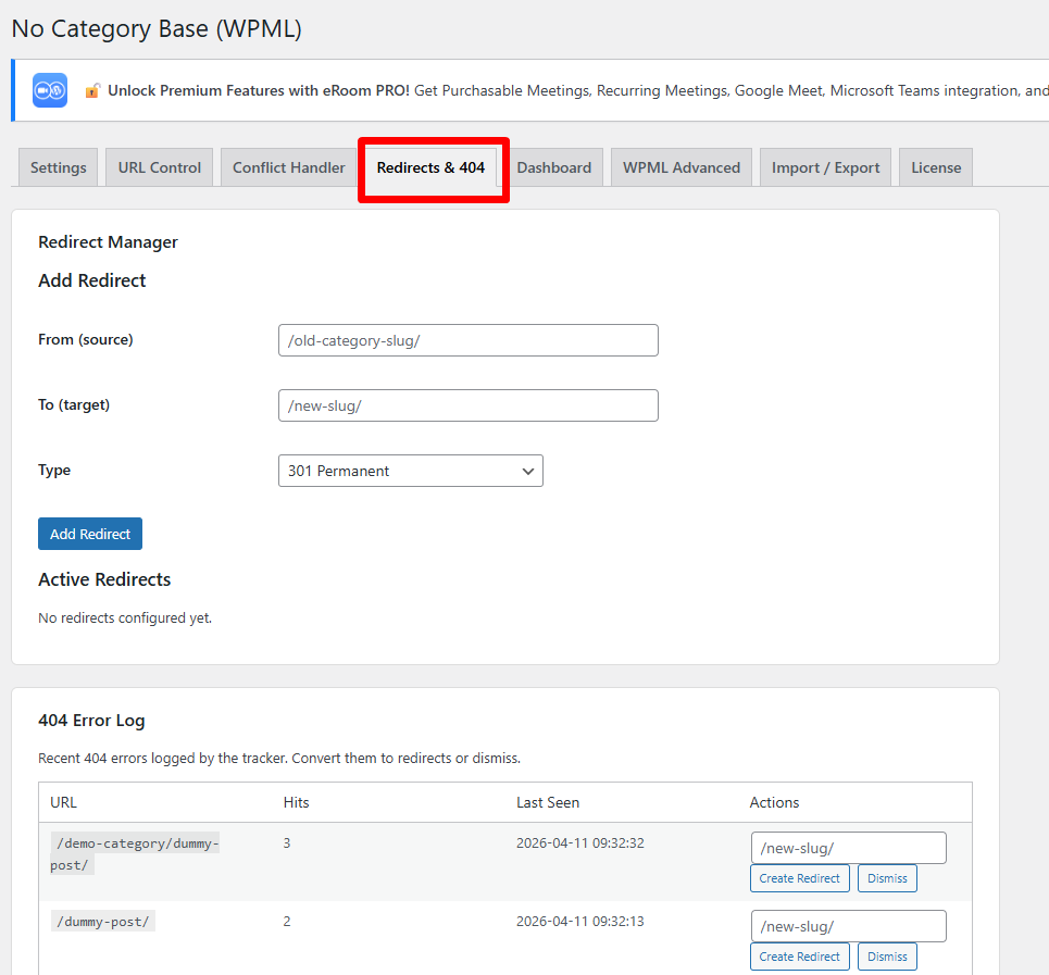 Redirects and 404 Log panel