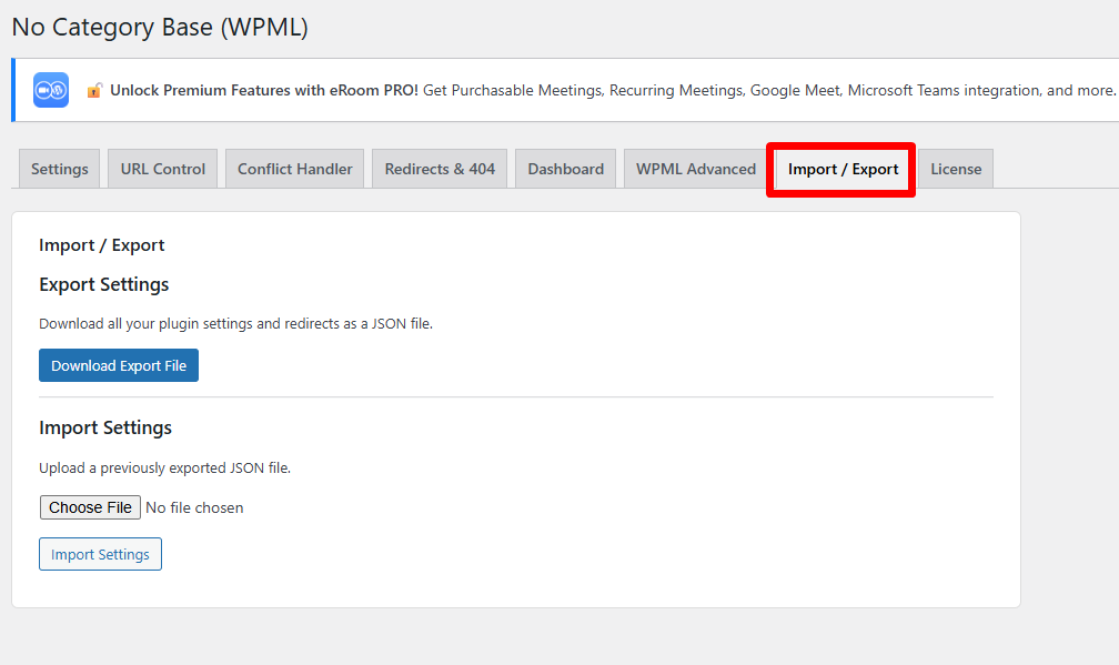 Import / Export settings panel