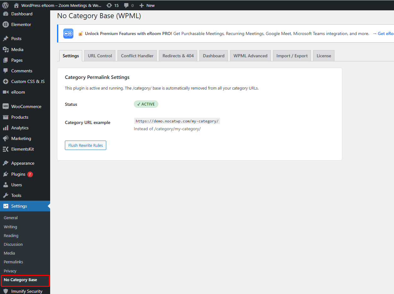 No Category Base PRO settings tabs